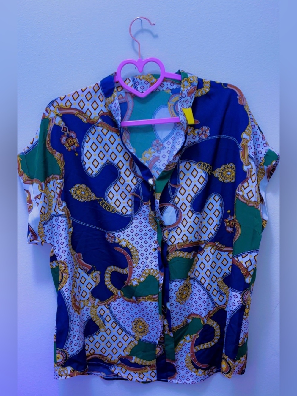 SHEIN Navy, Green & Gold Chain-Print Button Blouse